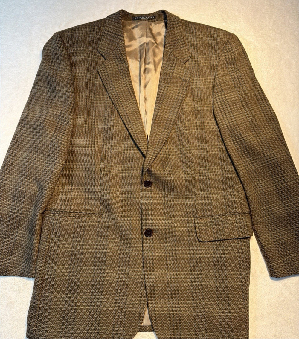 Vtg Hugo Boss Apollon Glen Plaid Wool Blazer 42L Dark Academia Back to Office